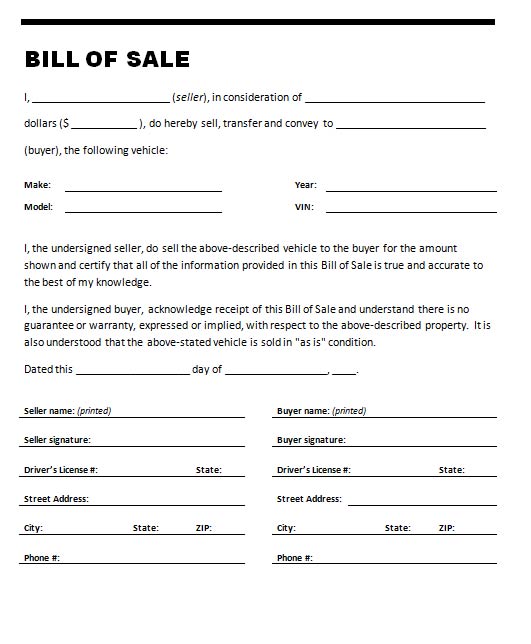 Car Bill Of Sale Template