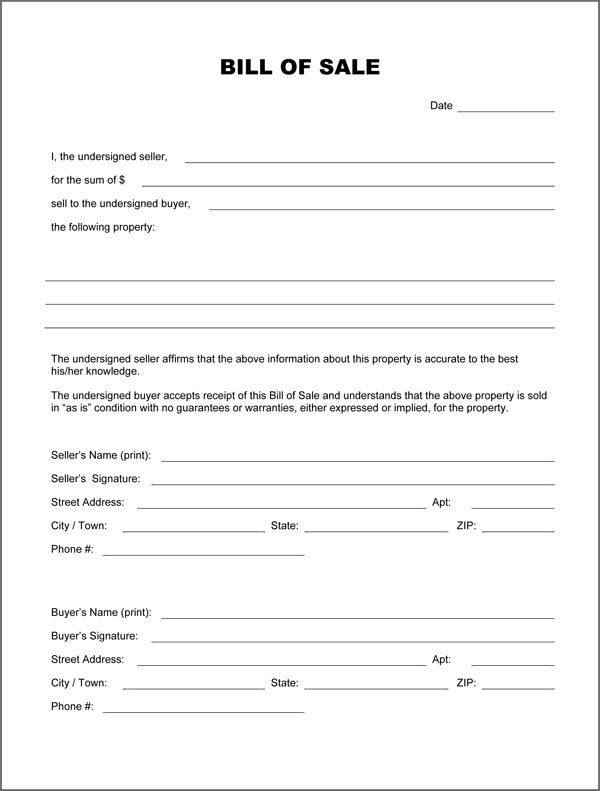 Blank Bill Of Sale Form